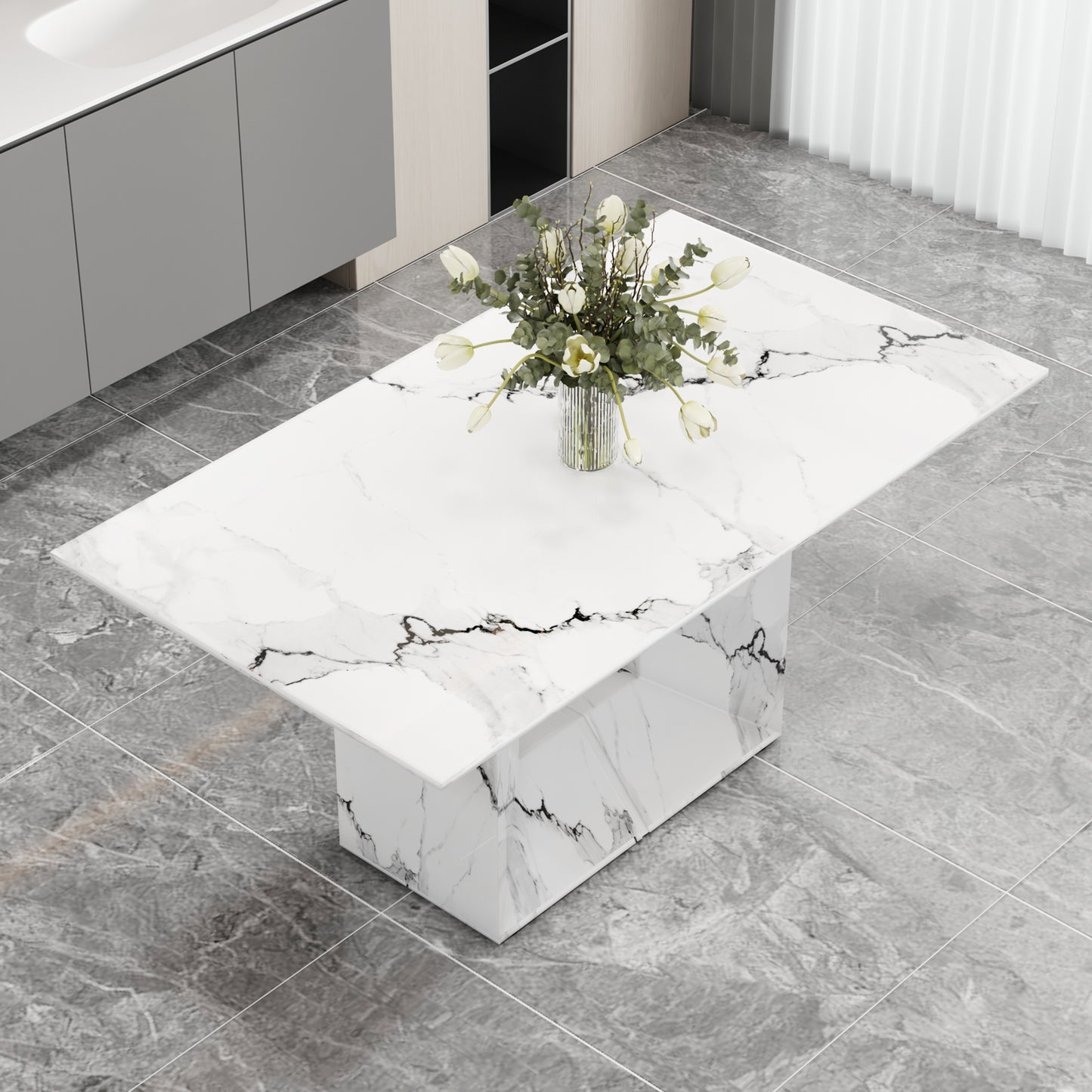 White Marble Pattern Dining Table MDF for Kitchen & Dining Rooms