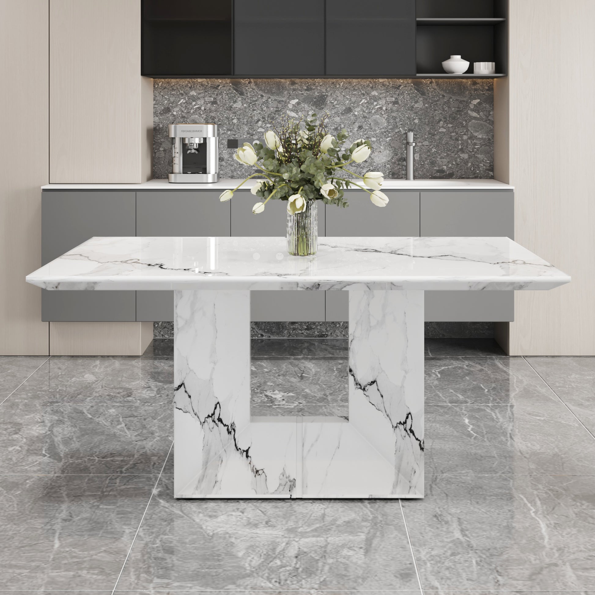 White Marble Pattern Dining Table MDF for Kitchen & Dining Rooms