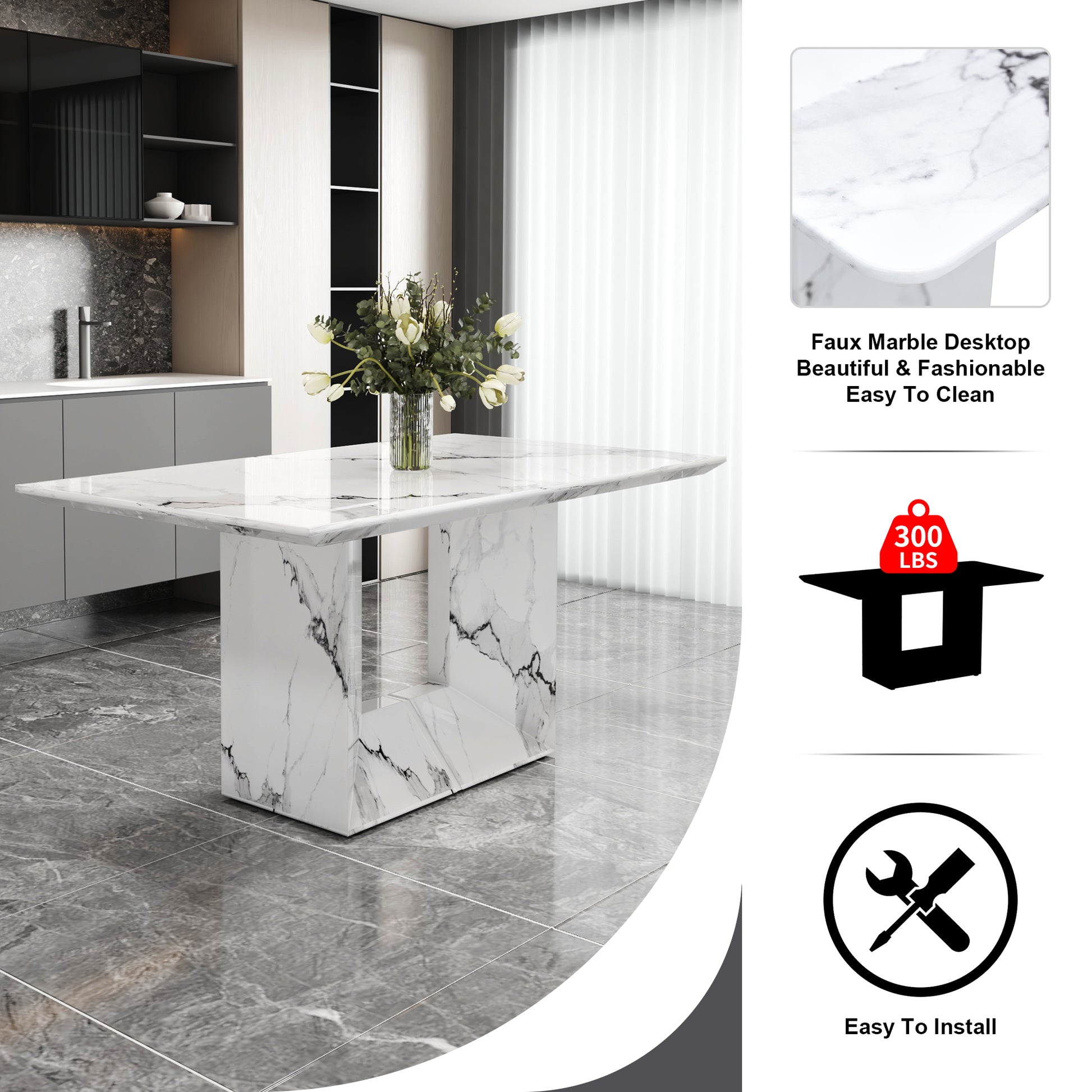 White Marble Pattern Dining Table MDF for Kitchen & Dining Rooms