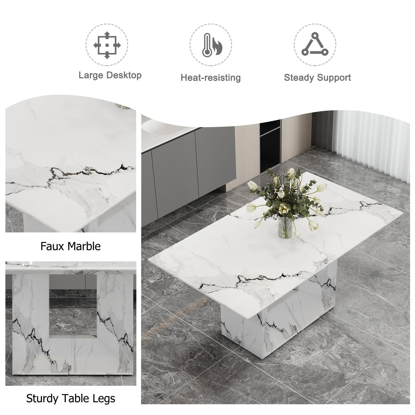 White Marble Pattern Dining Table MDF for Kitchen & Dining Rooms