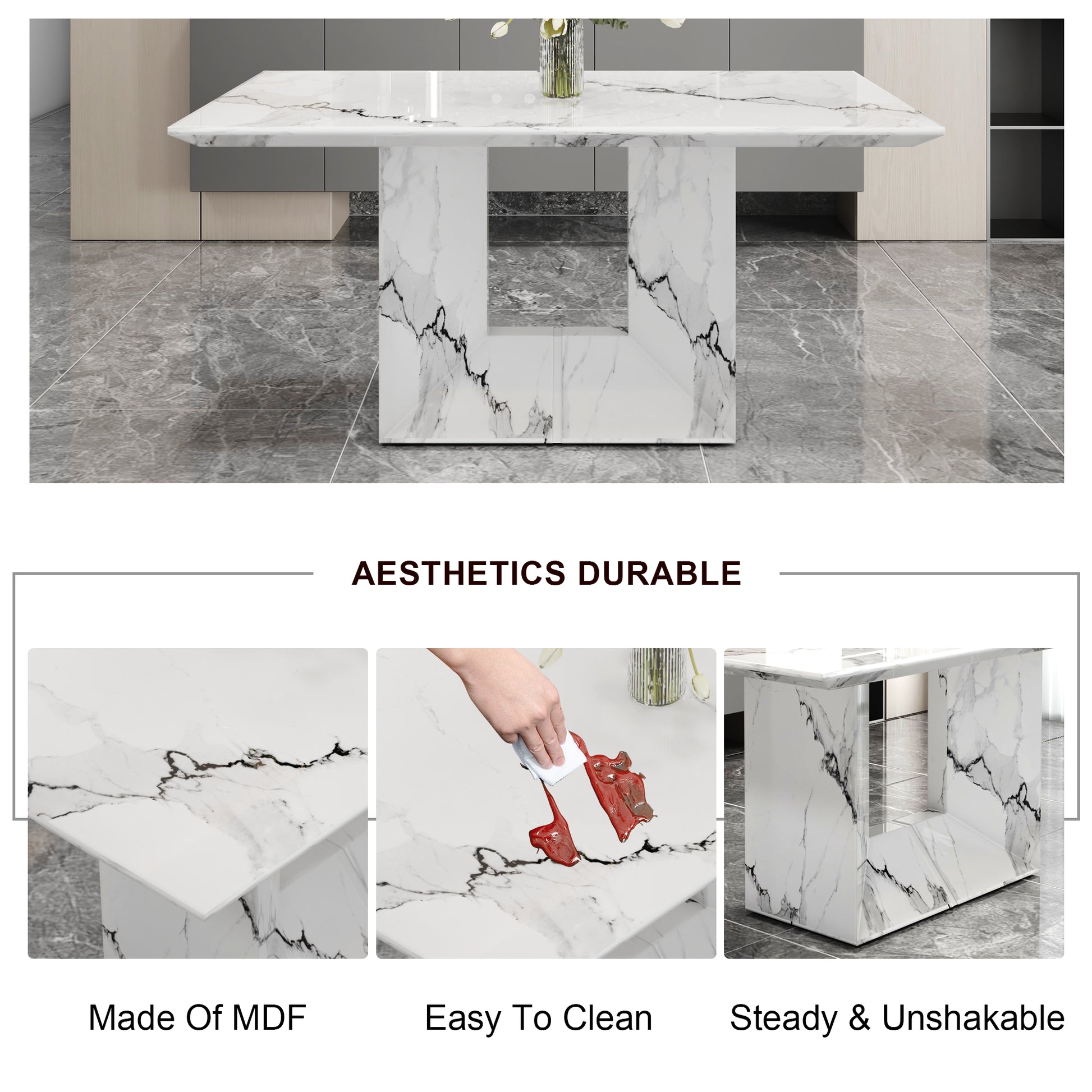 White Marble Pattern Dining Table MDF for Kitchen & Dining Rooms