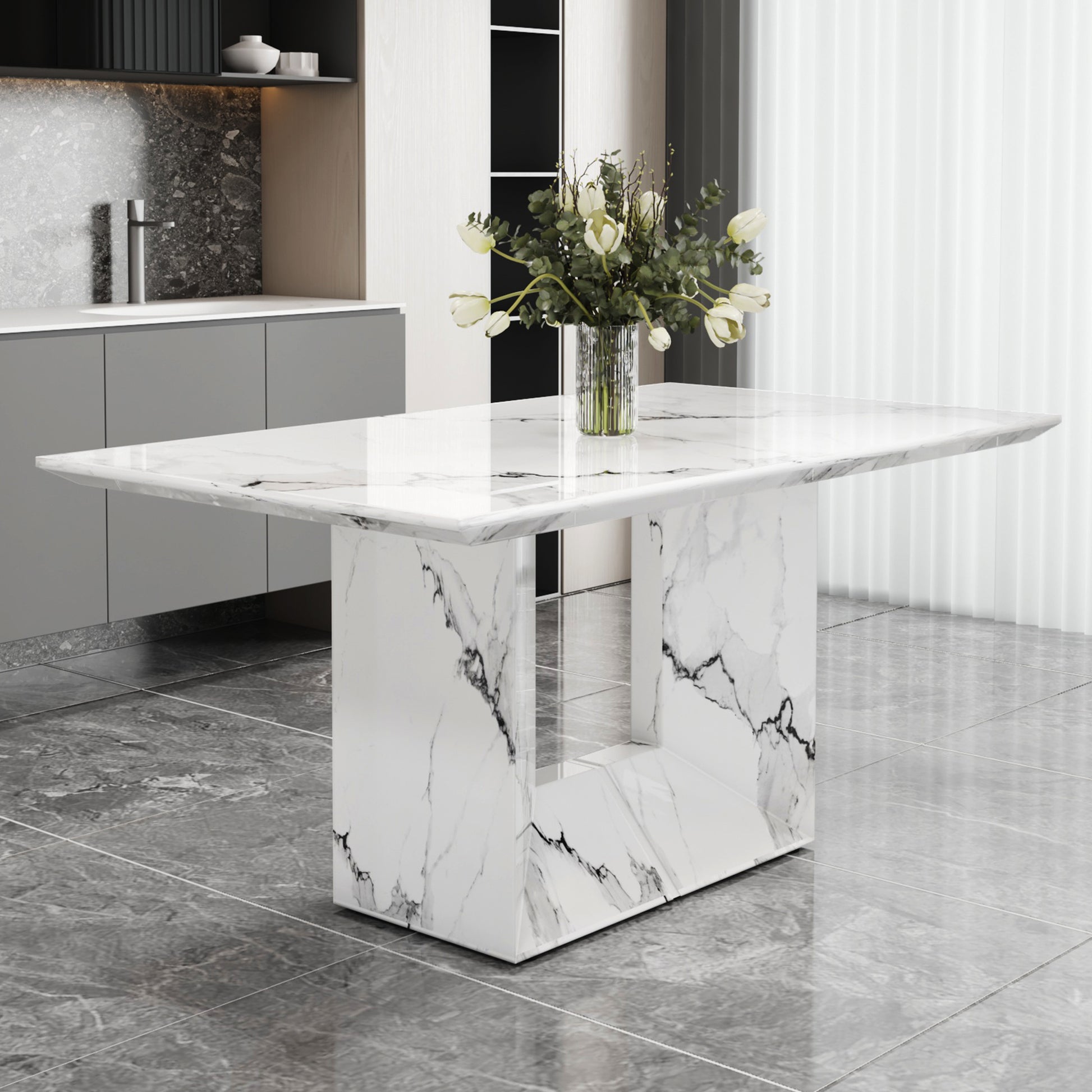 A simple dining table now. A white marble patterned dining table. Suitable for kitchen and living room, can accommodate 4-6 people.63"*35.4"*30" .W1151S00668