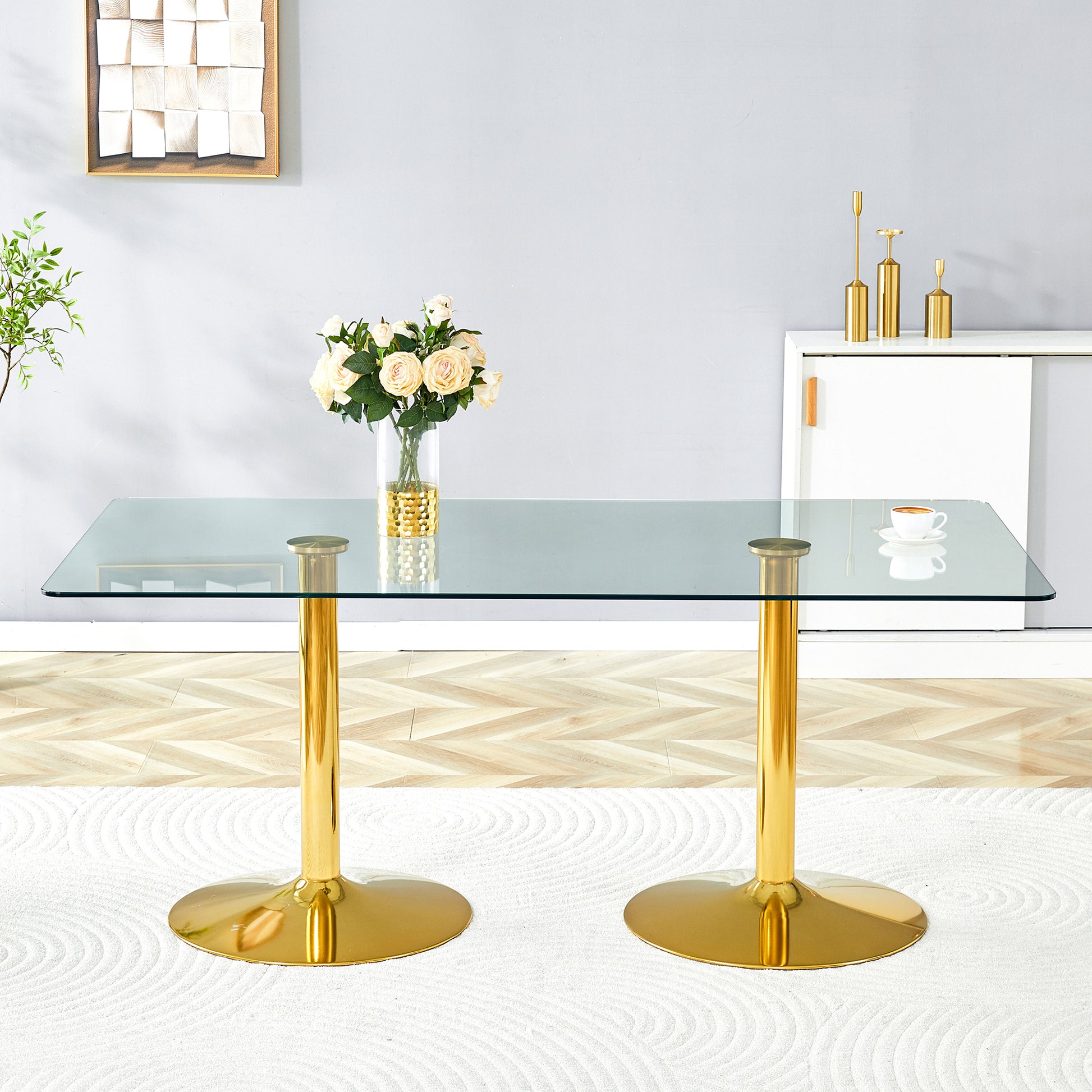 Gold Glass Dining Table with Metal Legs, 71x35.4 inch