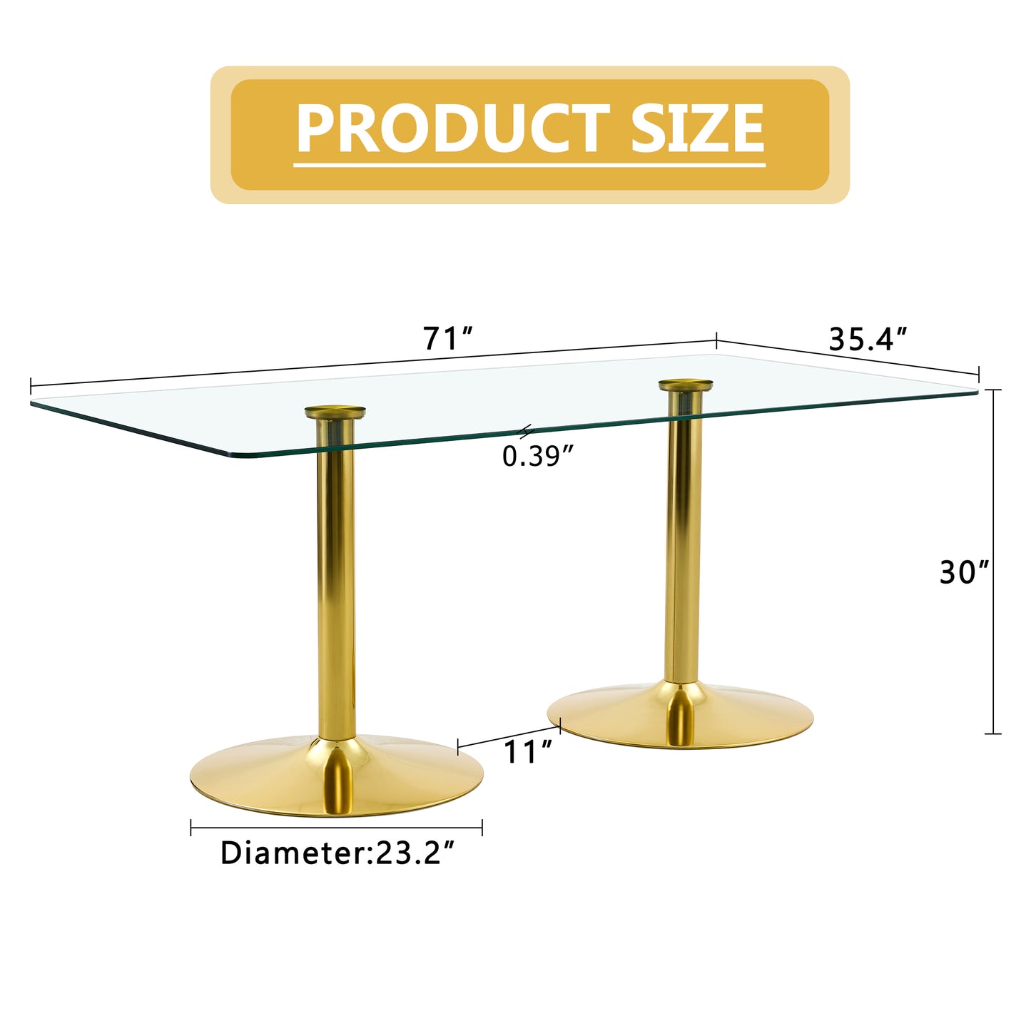 Gold Glass Dining Table with Metal Legs, 71x35.4 inch