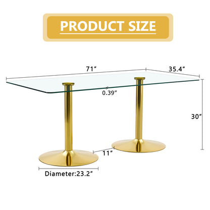 Gold Glass Dining Table with Metal Legs, 71x35.4 inch