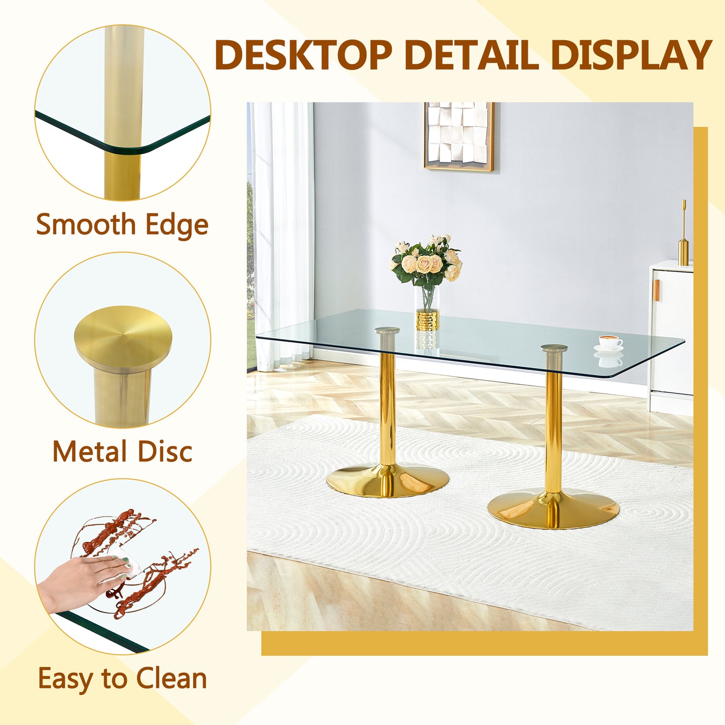 Gold Glass Dining Table with Metal Legs, 71x35.4 inch