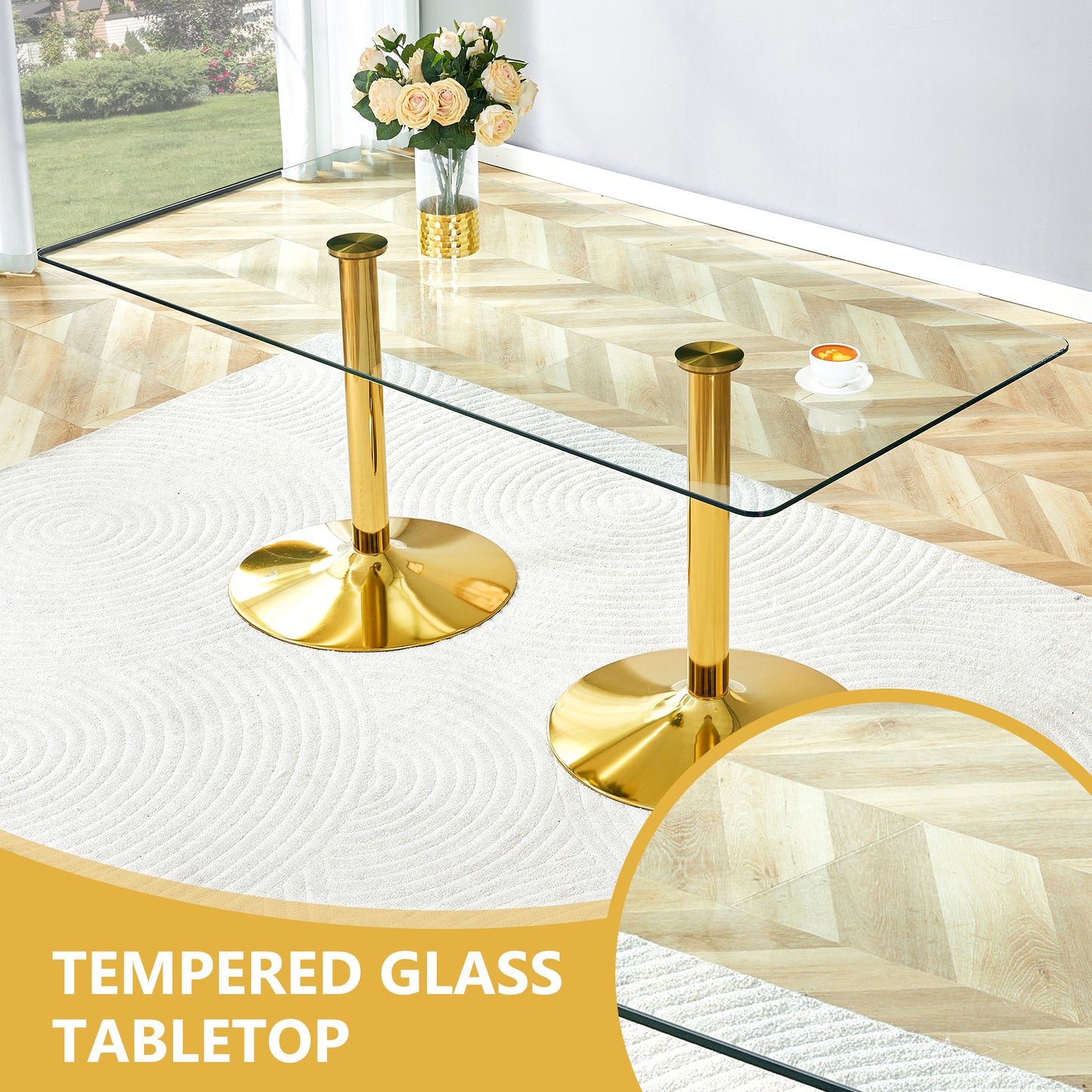 Gold Glass Dining Table with Metal Legs, 71x35.4 inch