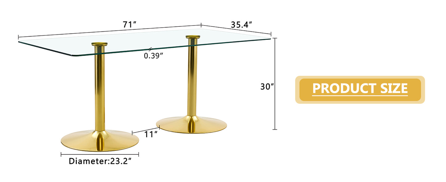 Gold Glass Dining Table with Metal Legs, 71x35.4 inch