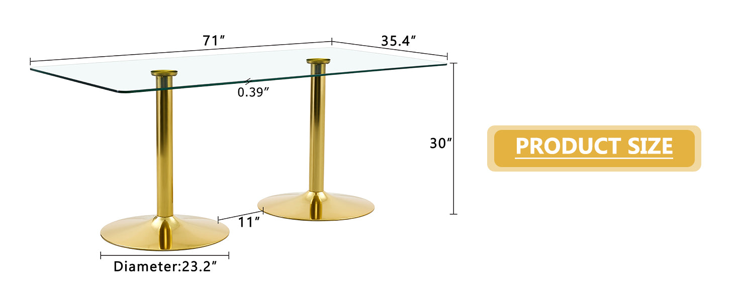 Gold Glass Dining Table with Metal Legs, 71x35.4 inch