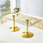 A glass tabletop with 71*35.4 inches and a modern minimalist circular dining table with electroplated gold metal legs. Suitable for restaurants, living rooms.