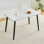 Modern minimalist rectangular dining table, suitable for 4-6 people. Tempered glass countertop+lower MDF board, imitation marble texture, black metal tapered legs. Suitable for minimalist restaurants.