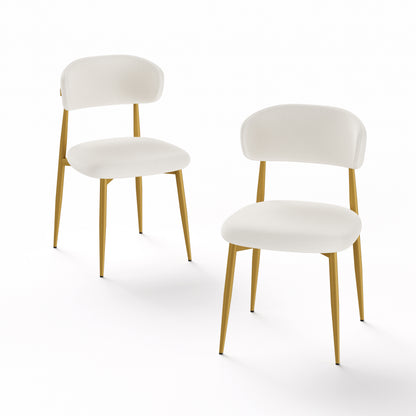 Set of 2 dining chairs, modern kitchen chairs with soft padding, farmhouse restaurant chairs with curved backrests and metal legs, for dining rooms and kitchens, White and Gold.