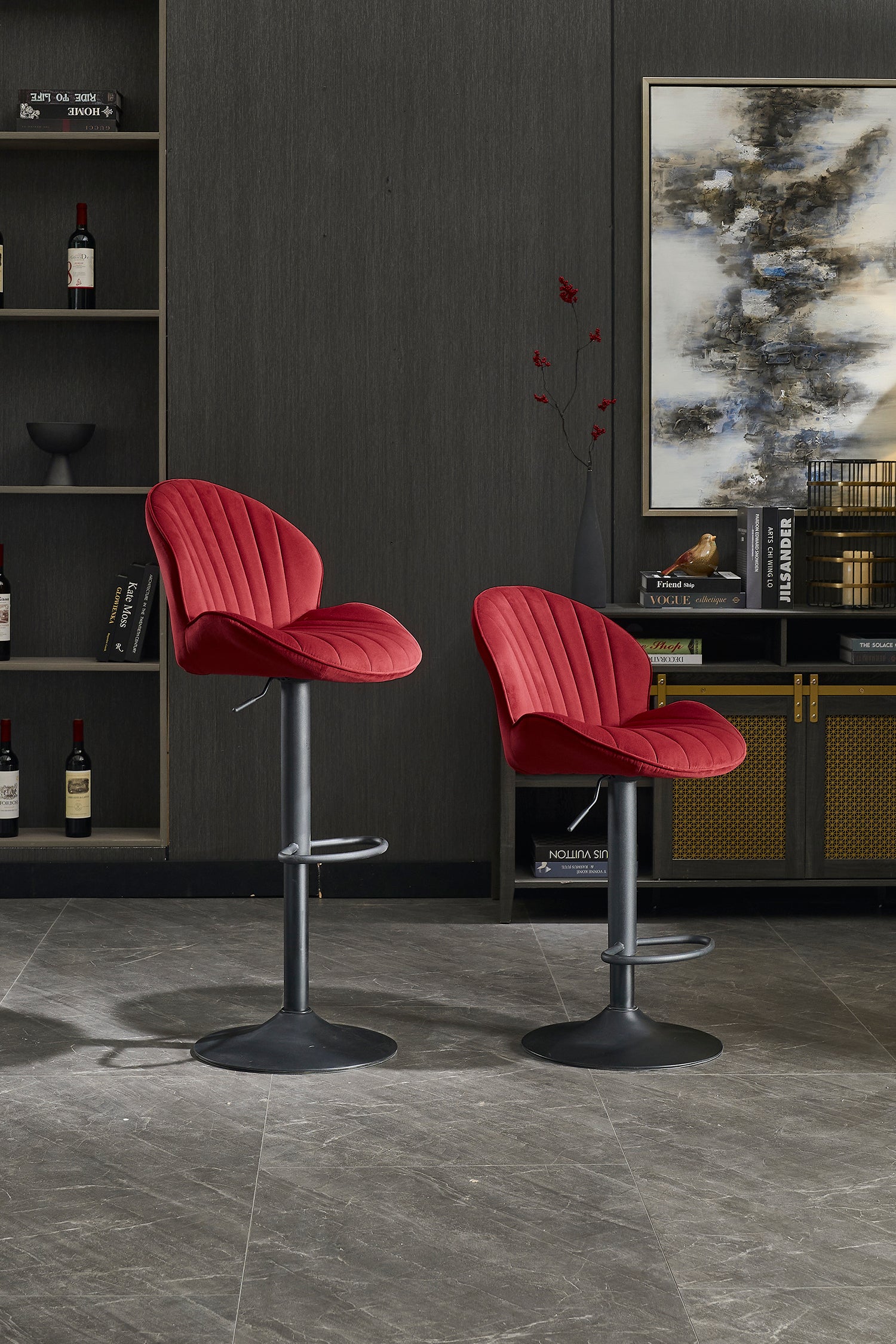Red Fabric Bar Stools Set of 2 for Kitchen and Dining Room Seating