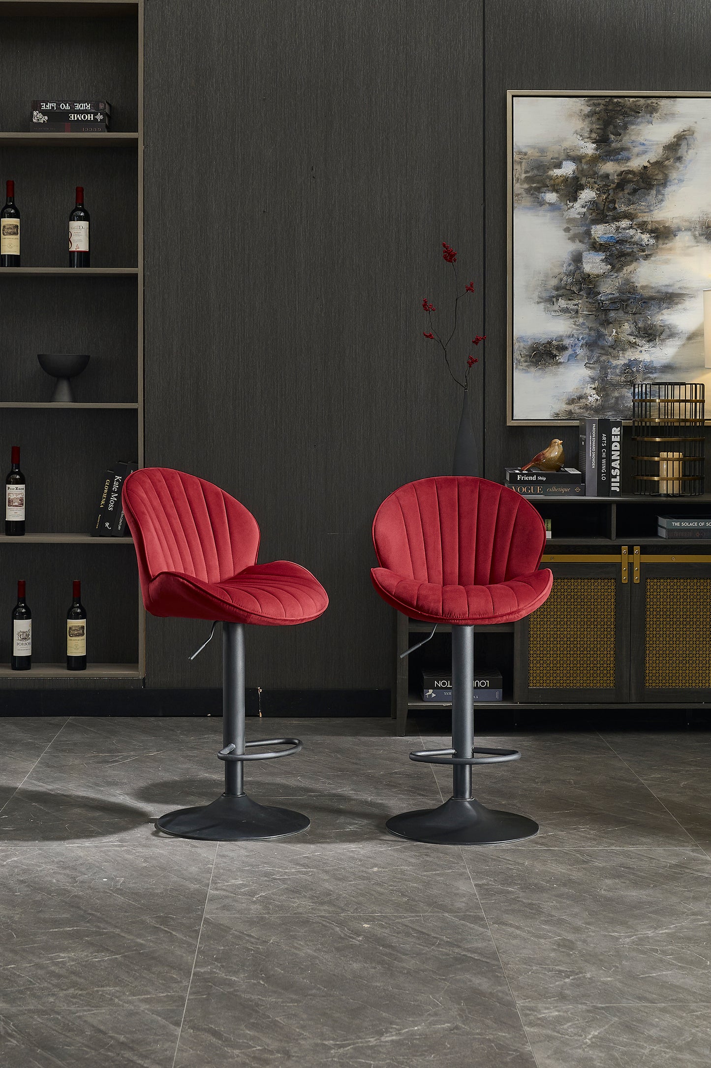 Red Fabric Bar Stools Set of 2 for Kitchen and Dining Room Seating