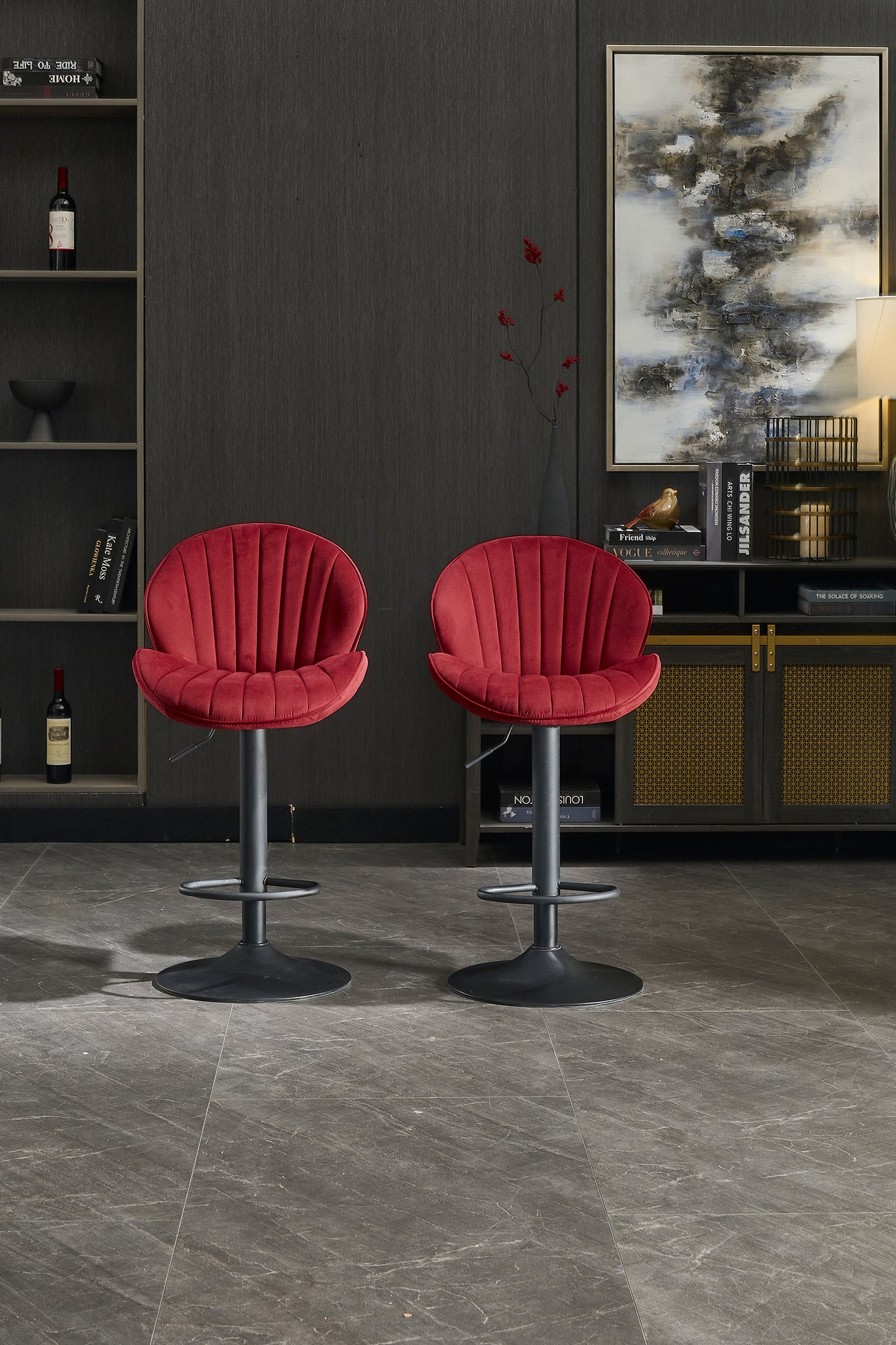 Red Fabric Bar Stools Set of 2 for Kitchen and Dining Room Seating
