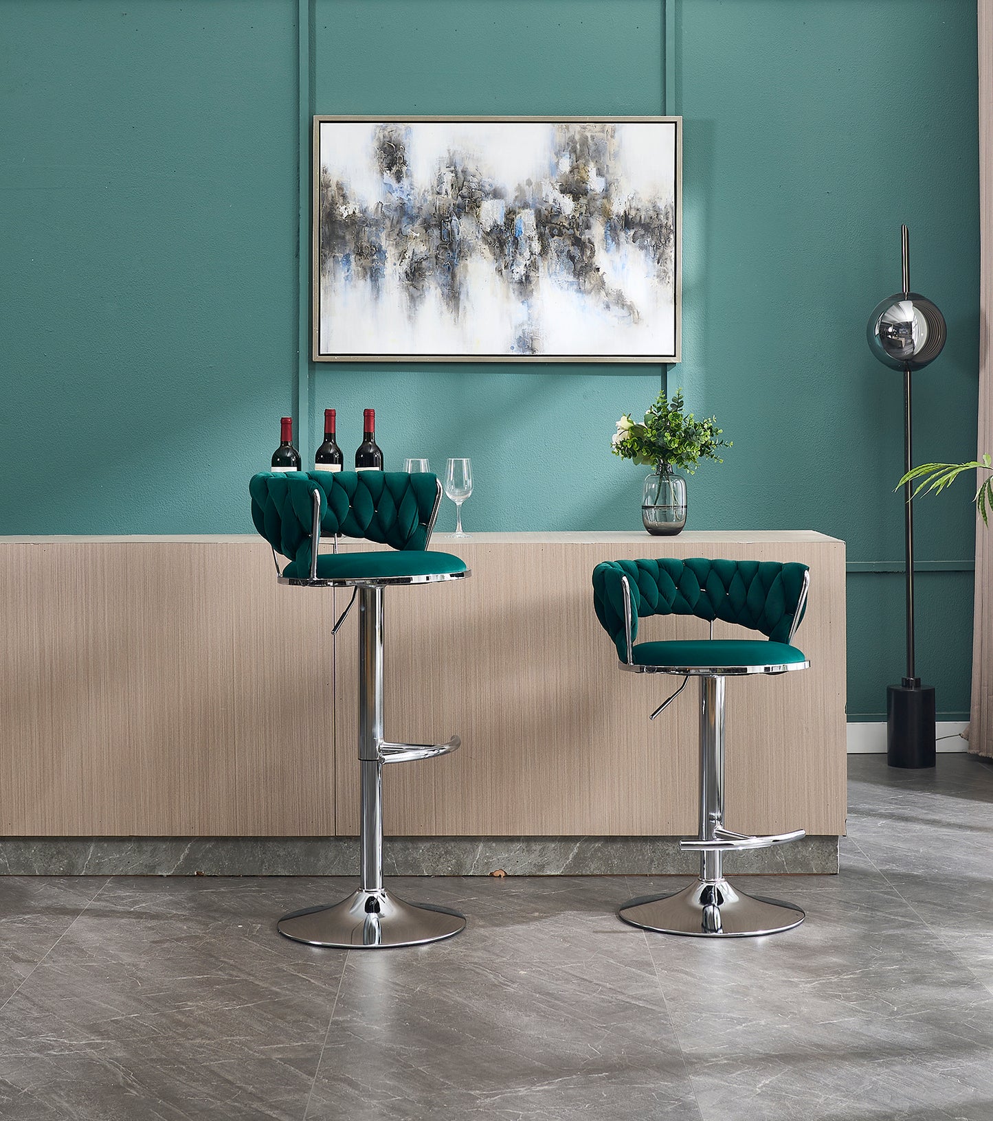 Set of 2 Bar Stools,with Chrome Footrest and Base Swivel Height Adjustable Mechanical Lifting Velvet + Chrome  Leg Simple Bar Stool-GREEN