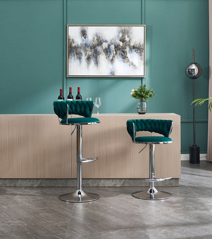 Set of 2 Bar Stools,with Chrome Footrest and Base Swivel Height Adjustable Mechanical Lifting Velvet + Chrome  Leg Simple Bar Stool-GREEN