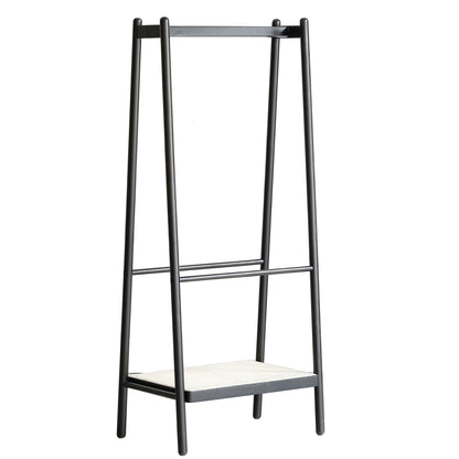 (Black) Solid Oak Wood Clothes Rack, Black Rattan Hanger Rack-clothes Rack with Shelves, Cloth Hanger Standing Garment Racks for Hanging Clothes
