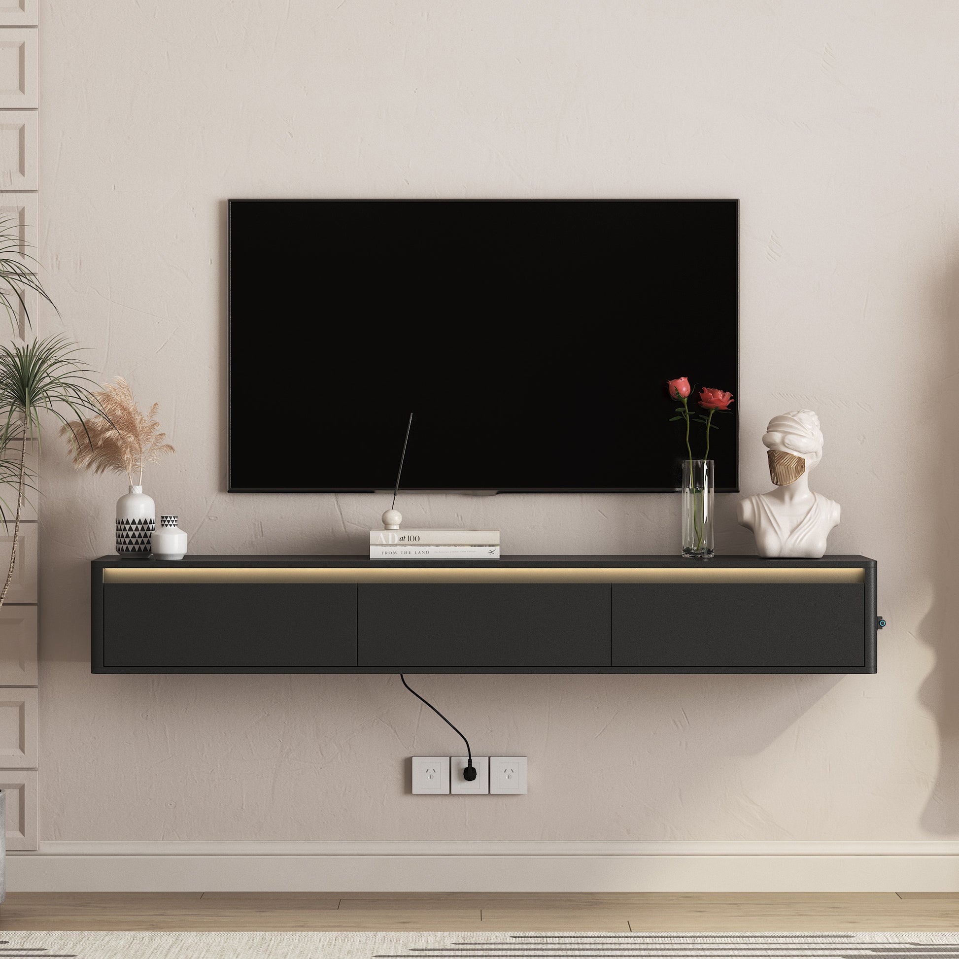Floating TV Stand, Wall Mounted TV Shelf with Led Lights & Power Outlet,High  TV Cabinet for Black tv Stands for Living Room