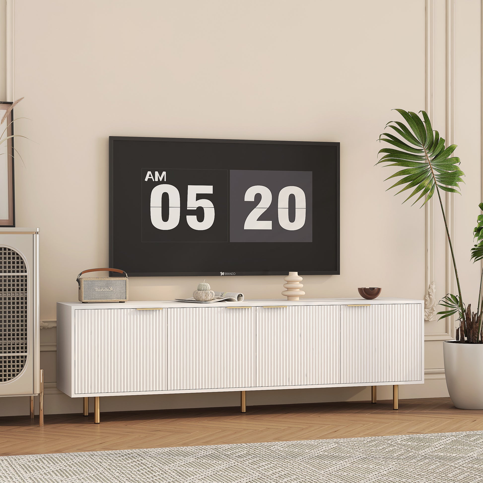68 Inch White TV Stand with Storage - Particle Board Media Console for Living Room