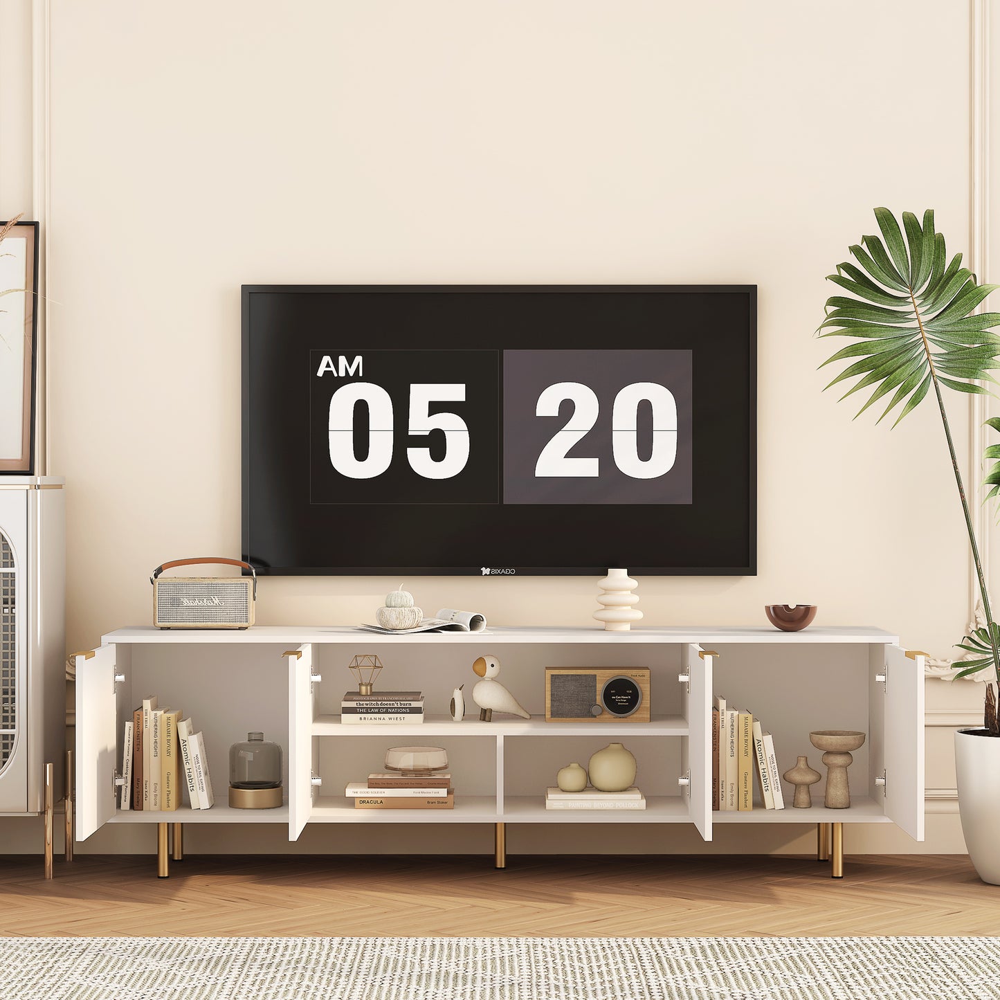 68 Inch White TV Stand with Storage - Particle Board Media Console for Living Room