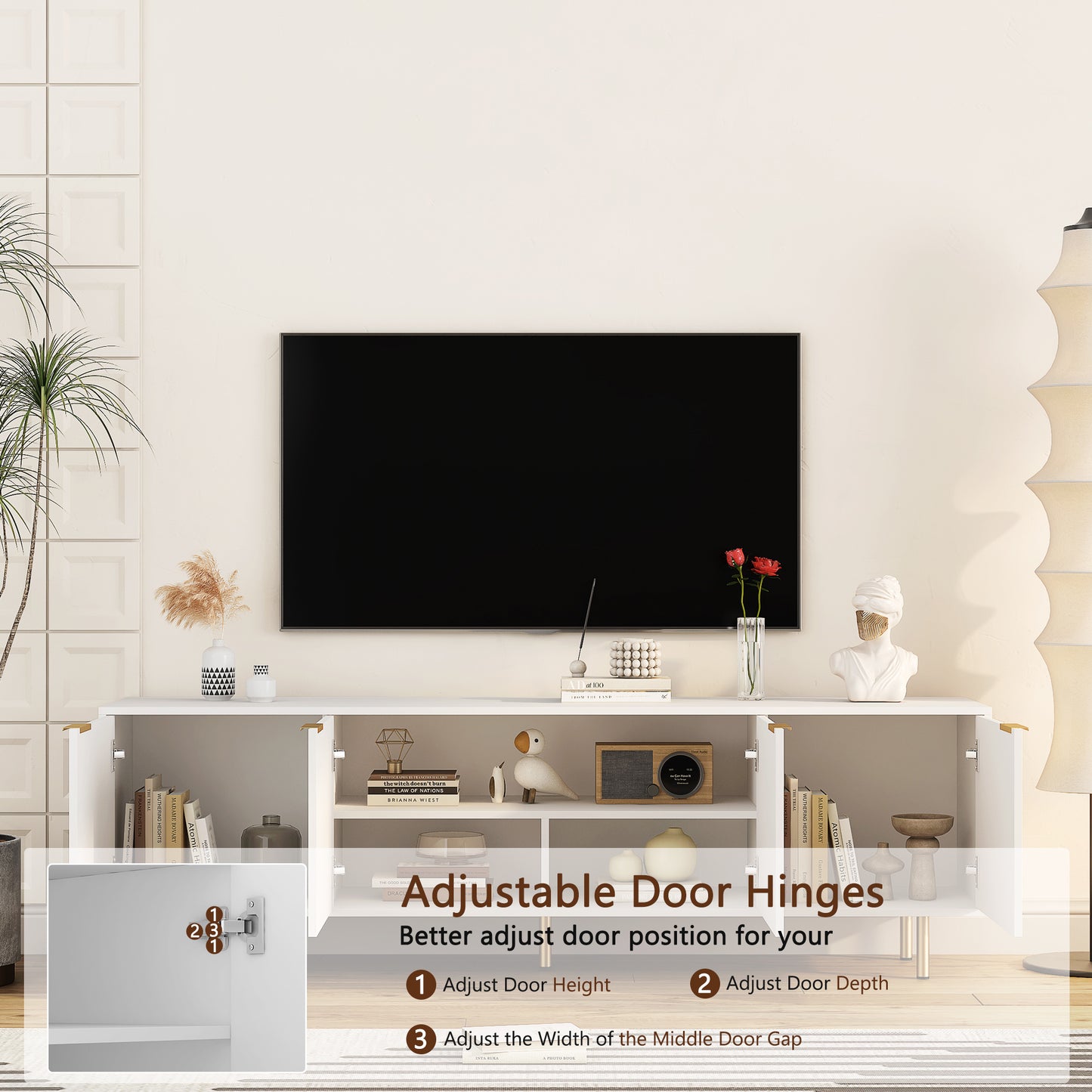 68 Inch White TV Stand with Storage - Particle Board Media Console for Living Room