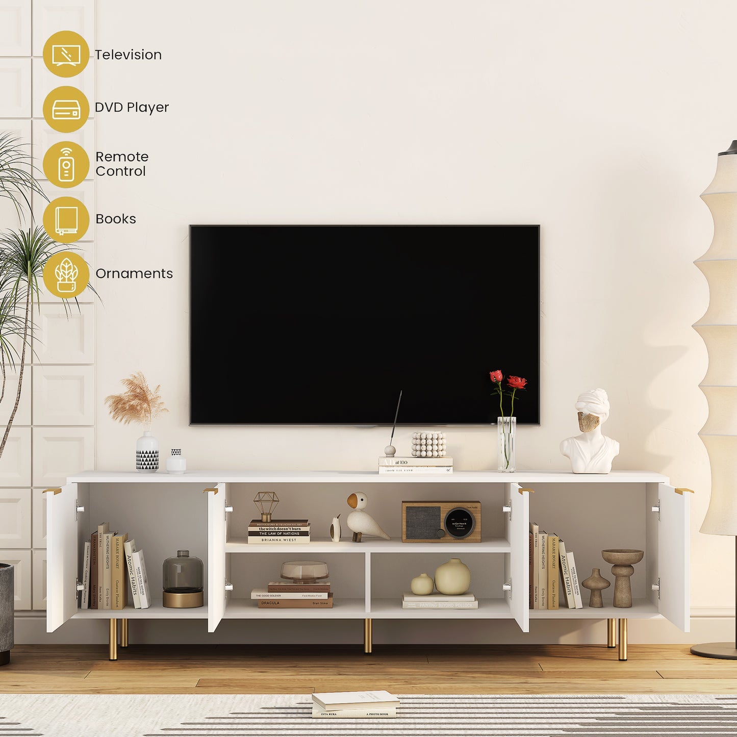 68 Inch White TV Stand with Storage - Particle Board Media Console for Living Room