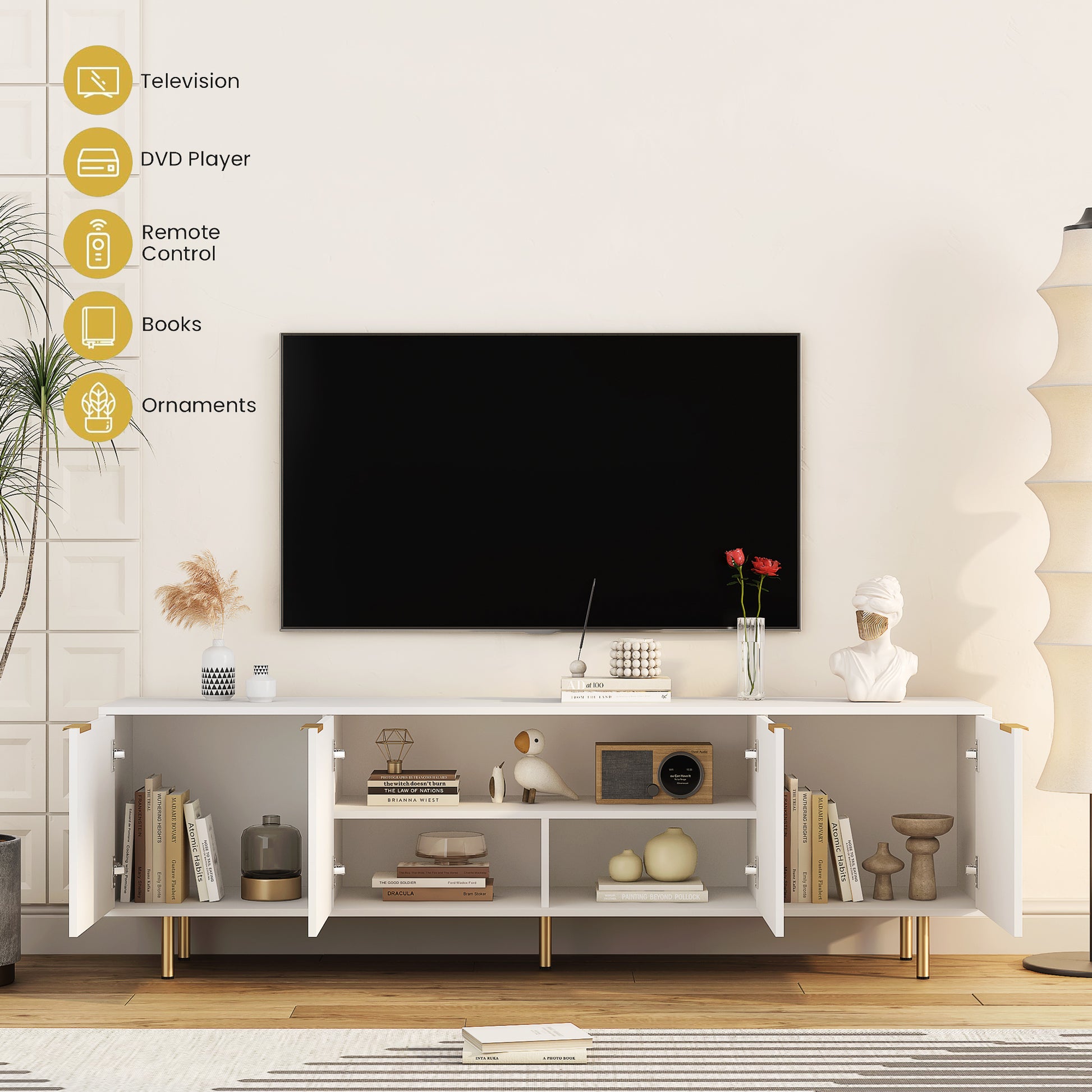68 Inch White TV Stand with Storage - Particle Board Media Console for Living Room