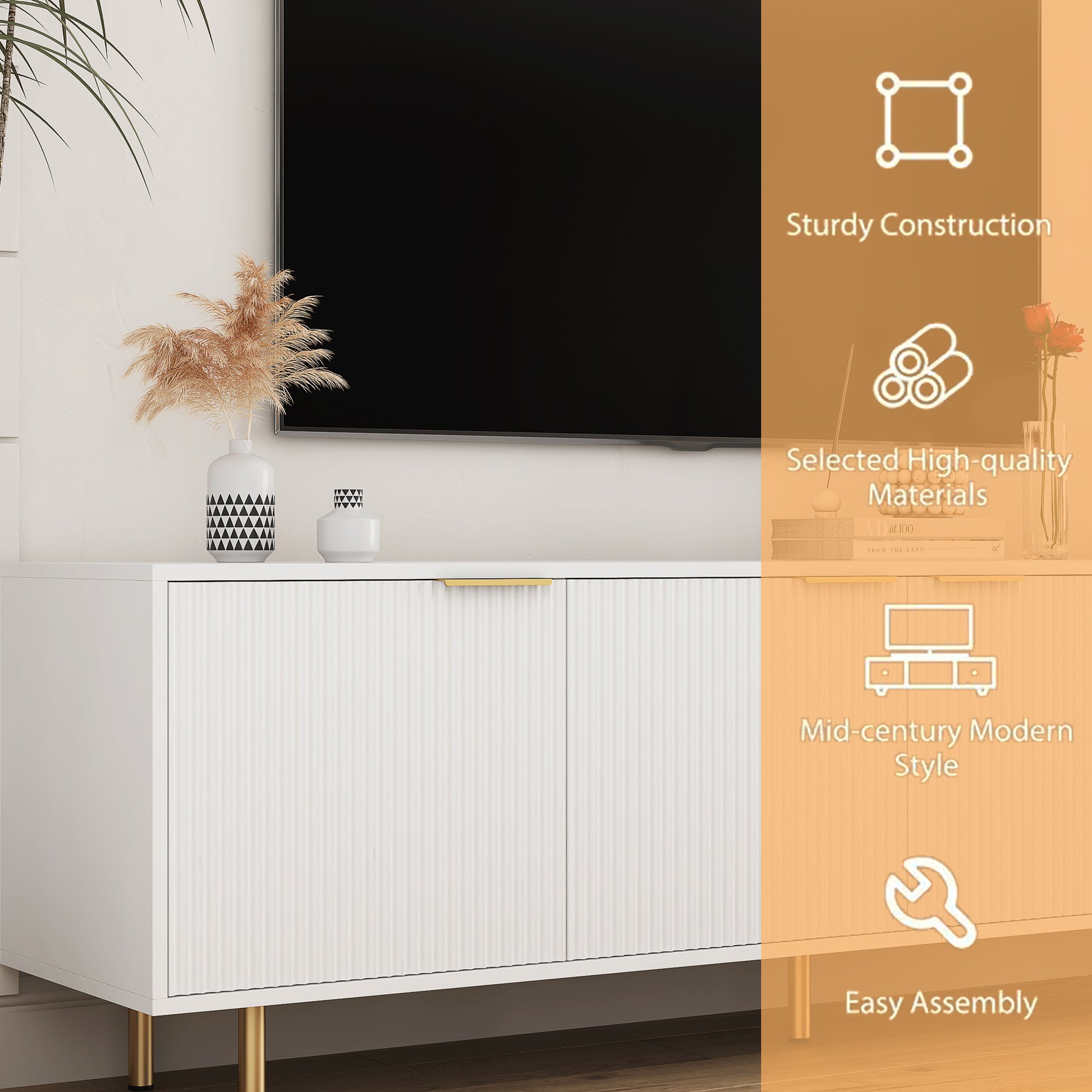 68 Inch White TV Stand with Storage - Particle Board Media Console for Living Room