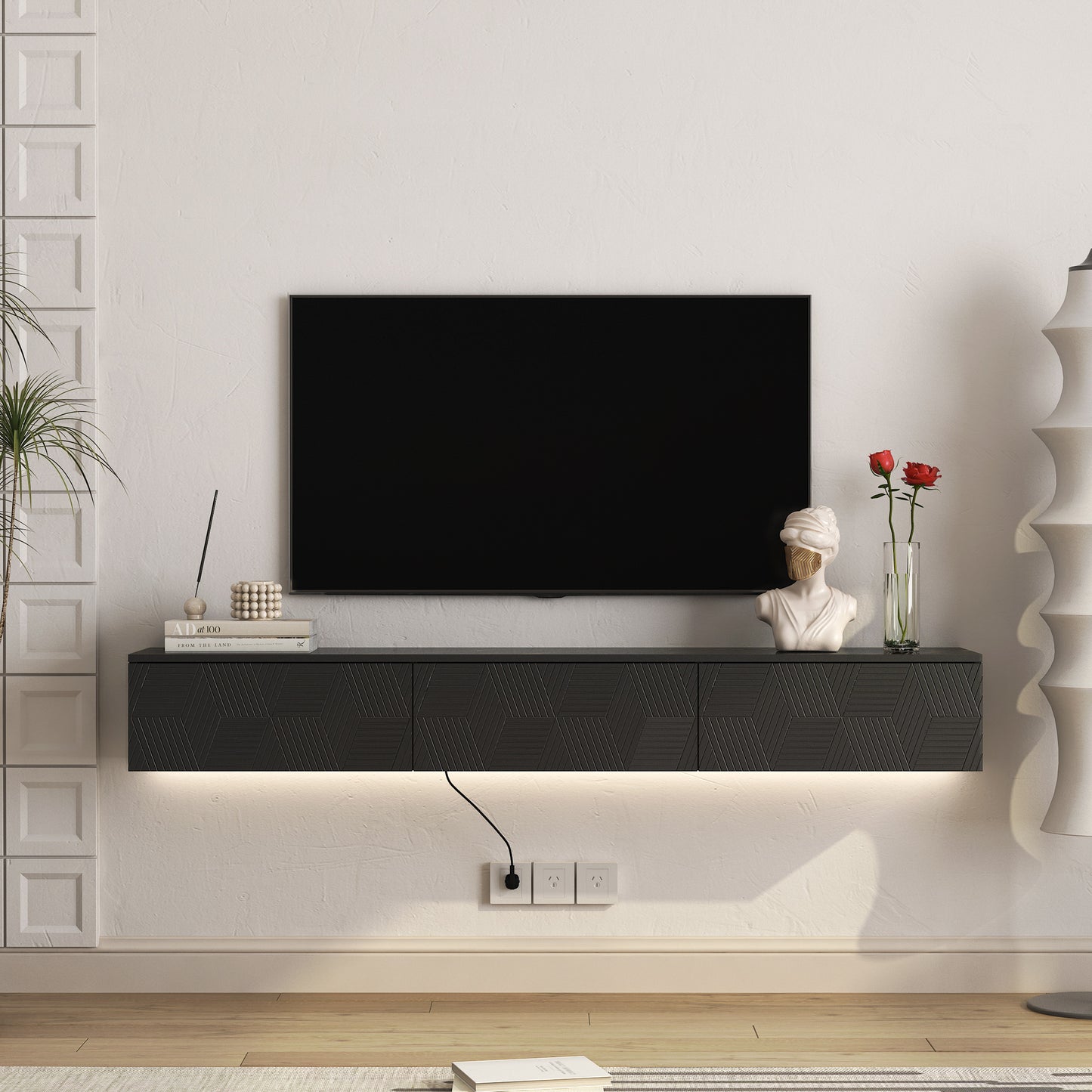 Floating TV Stand Wall Mounted with 16 Color LEDs,67" Modern TV Stand, Floating TV Cabinet Entertainment Center for 55 60 65 Inch TV,Black