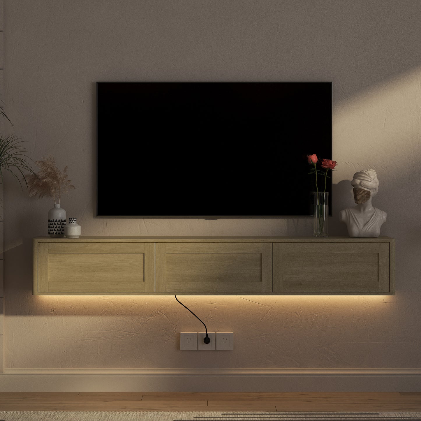 Wood Floating TV Stand with LED Lights & Power Outlets for Living Room