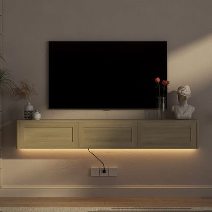 Wood Floating TV Stand with LED Lights & Power Outlets for Living Room