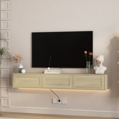 Wood Floating TV Stand with LED Lights & Power Outlets for Living Room