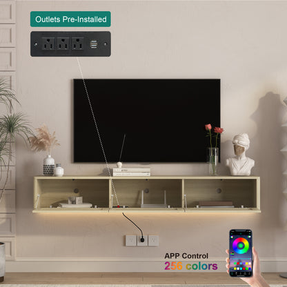Wood Floating TV Stand with LED Lights & Power Outlets for Living Room