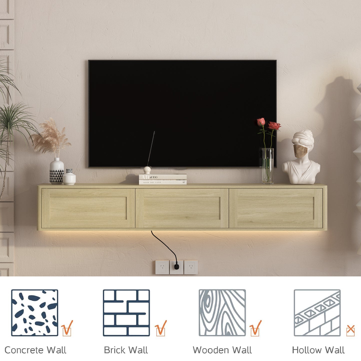 Wood Floating TV Stand with LED Lights & Power Outlets for Living Room