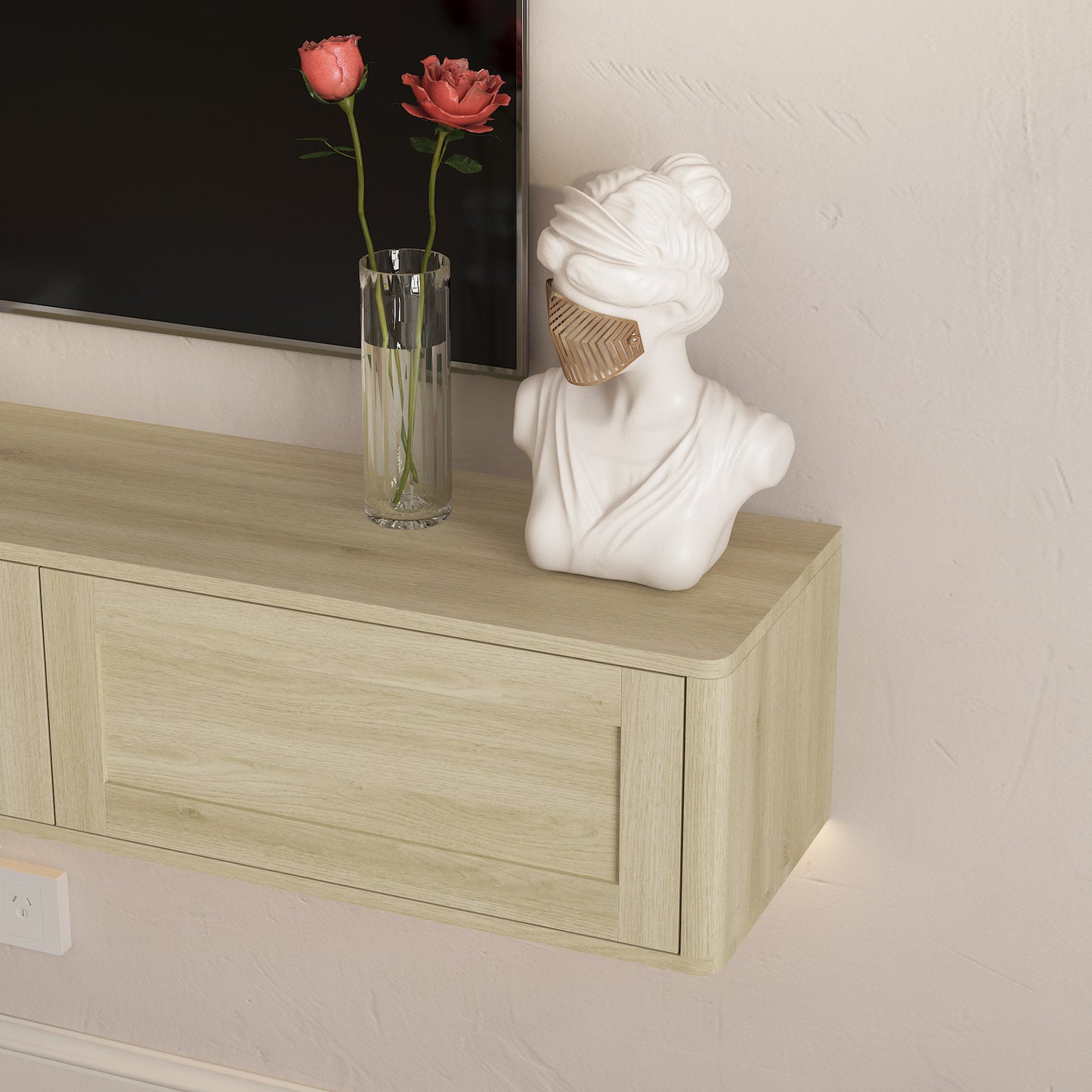 Wood Floating TV Stand with LED Lights & Power Outlets for Living Room