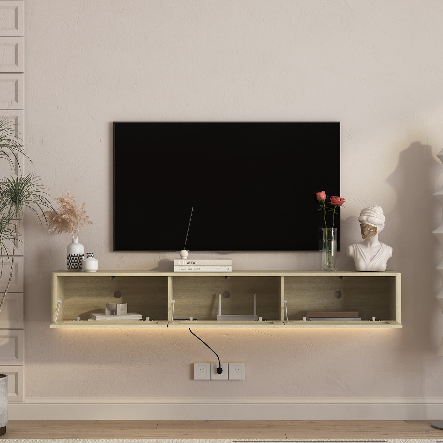 Wood Floating TV Stand with LED Lights & Power Outlets for Living Room