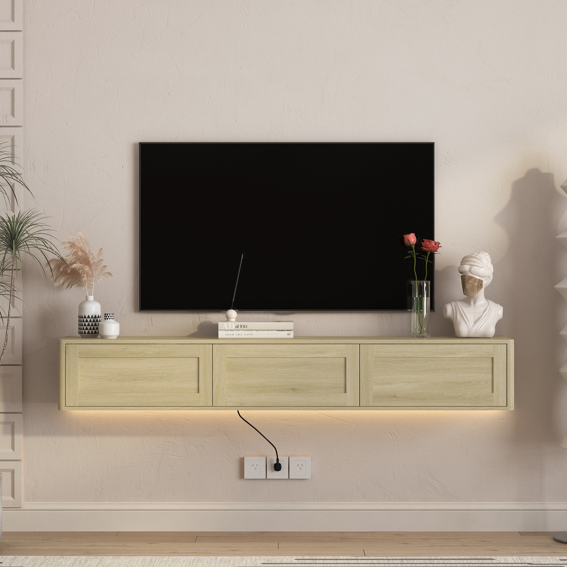 Floating TV Stand, Wall Mounted TV Shelf with Led Lights & Power Outlet,High Gloss TV Cabinet for Wood tv Stands for Living Room