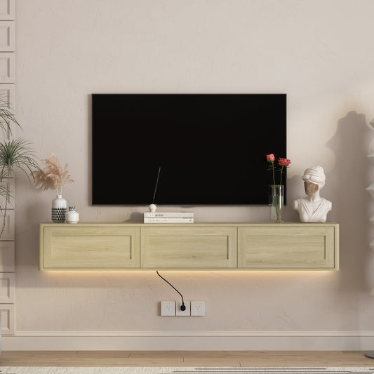 Floating TV Stand, Wall Mounted TV Shelf with Led Lights & Power Outlet,High Gloss TV Cabinet for Wood tv Stands for Living Room