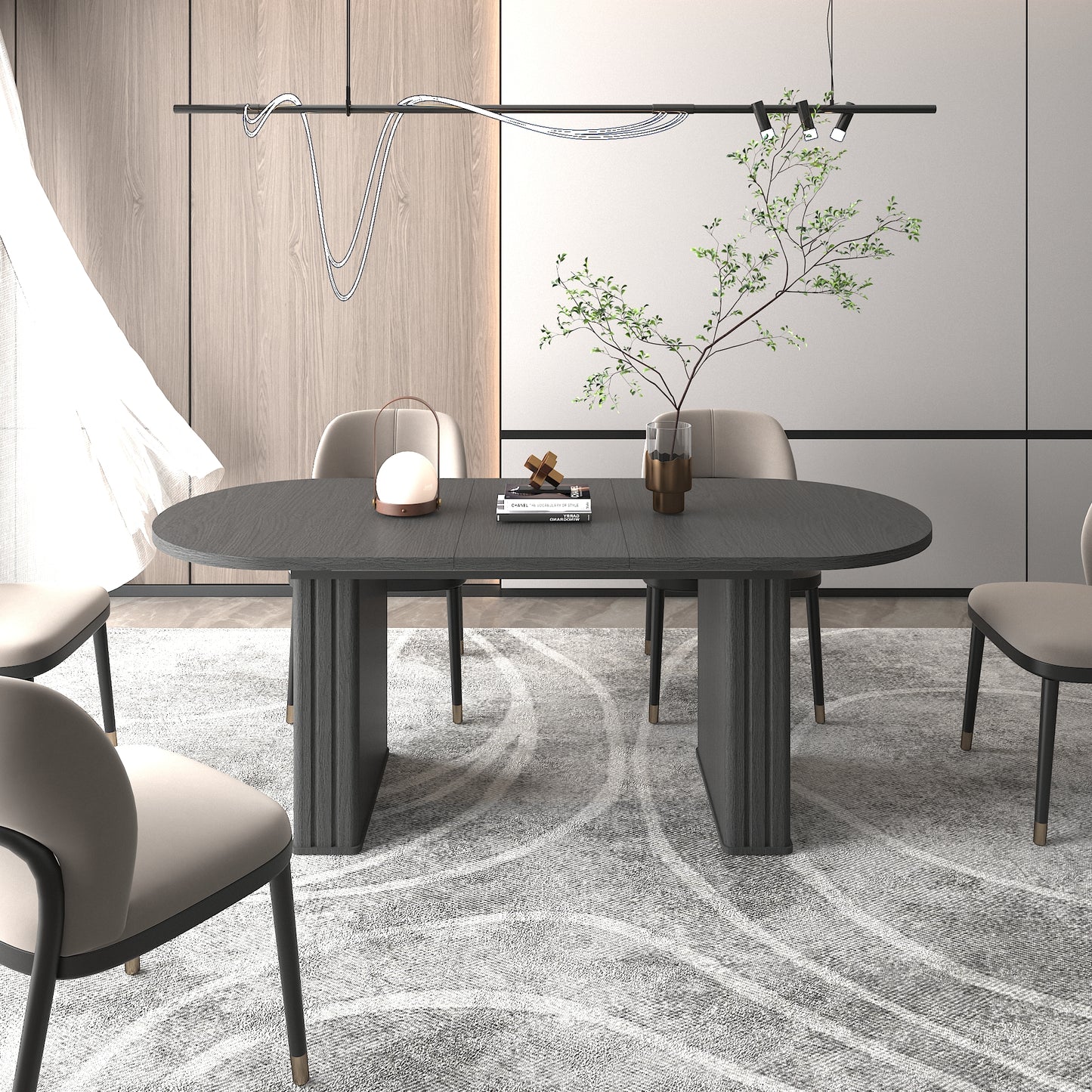 Kitchen extendable dining table for 4-8 people, oval kitchen table with wooden strip base for family living room (black)