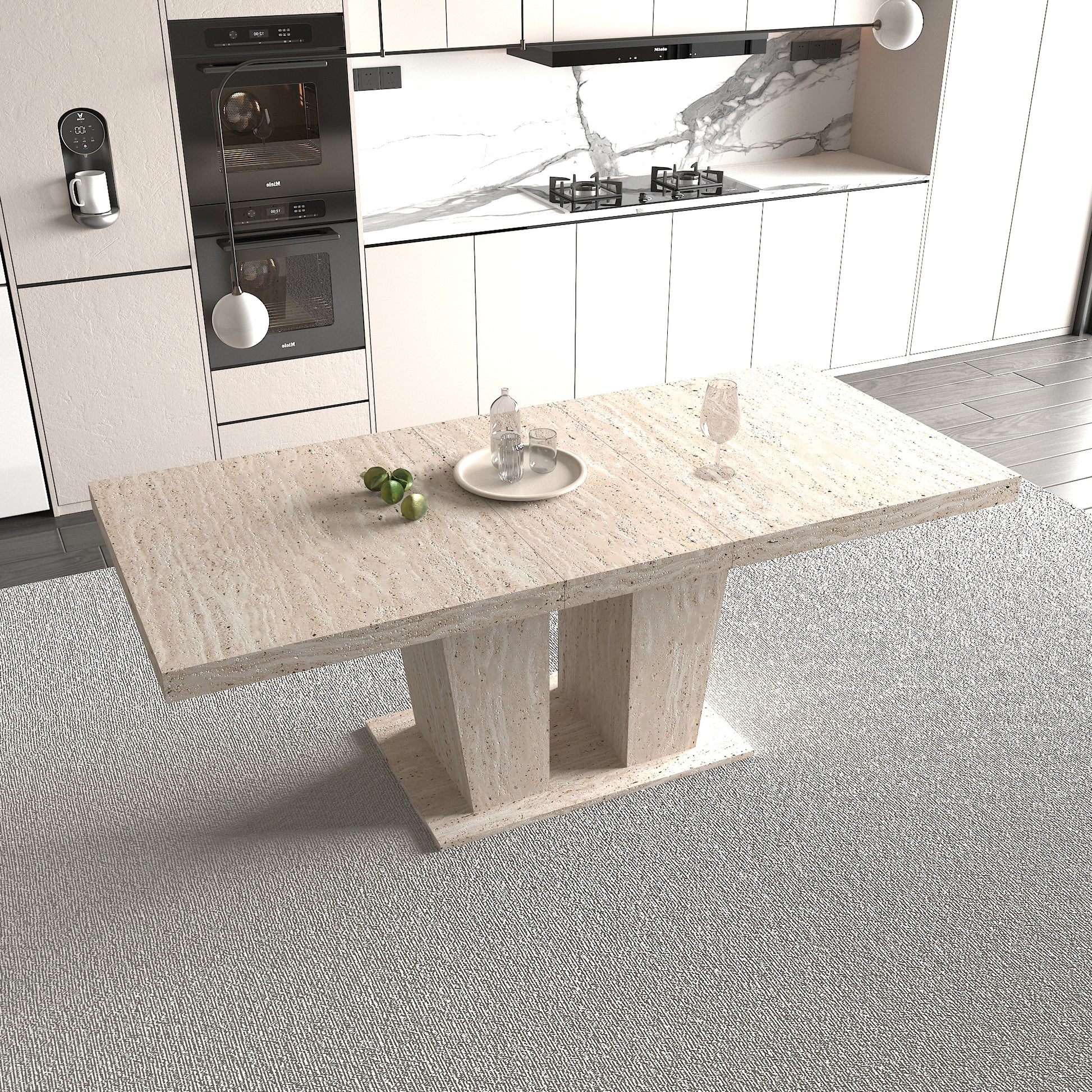 Rectangular extendable dining table, suitable for 6-10 people, with veined travertine pattern, dimensions 160-200 cm, simple and elegant.