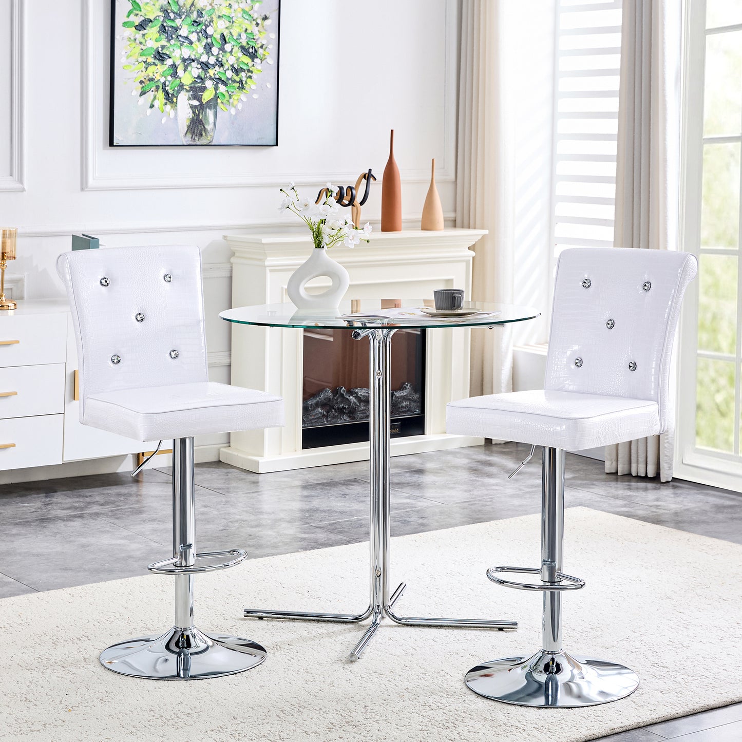 Set of 2 White PVC Dining Chairs with Crystal Details