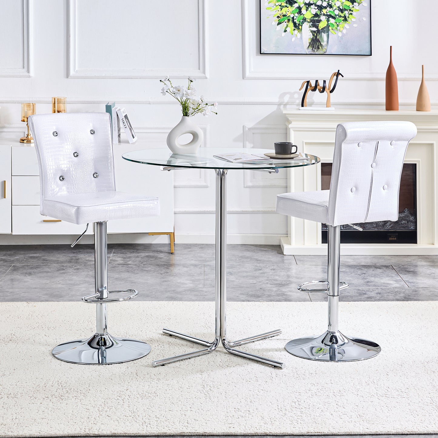 Set of 2 White PVC Dining Chairs with Crystal Details