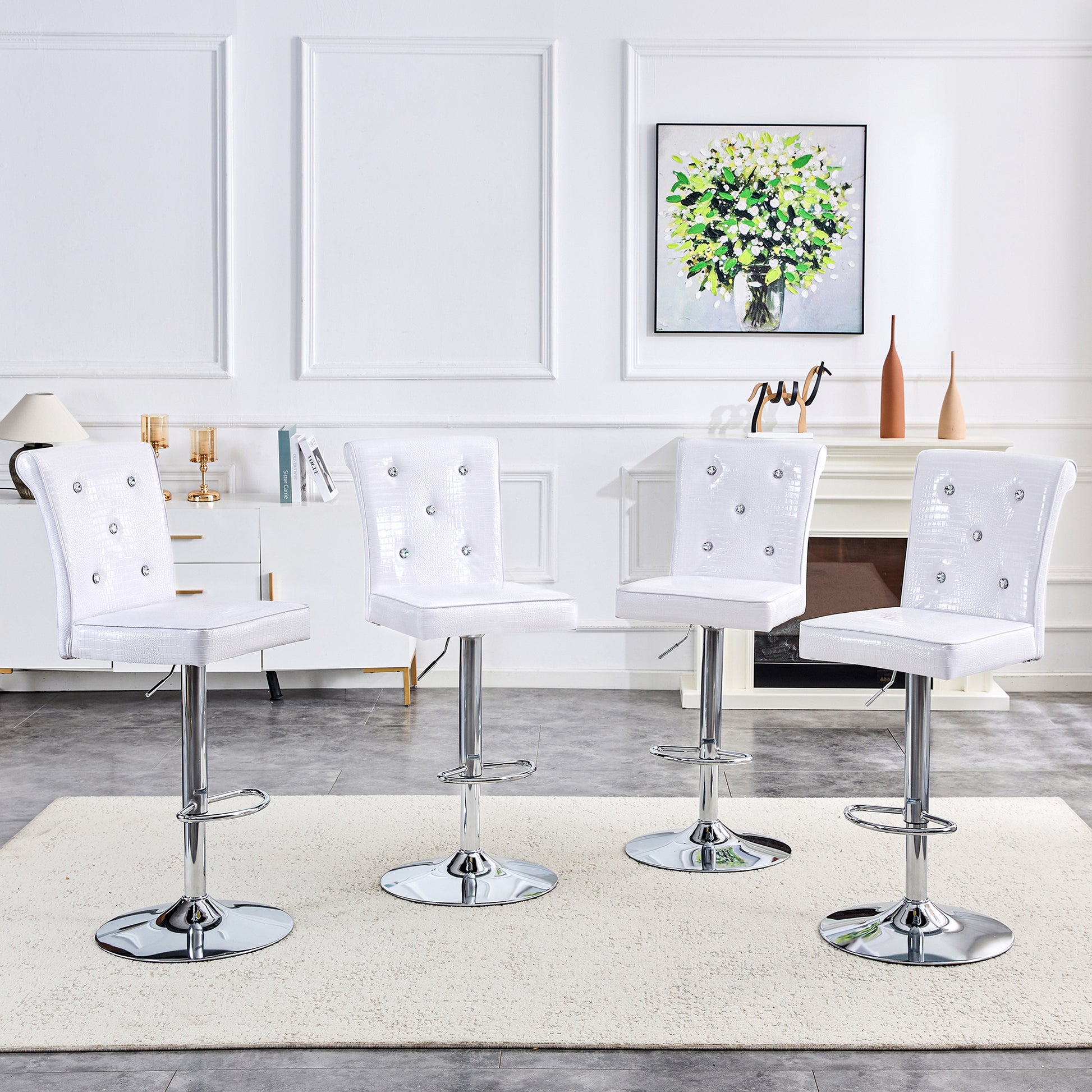 Set of 2 White PVC Dining Chairs with Crystal Details