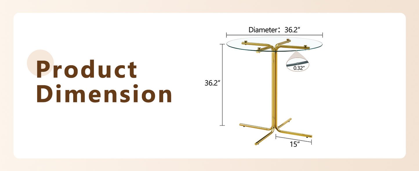 Round Glass Bar Table - 36 Inch Gold, Transparent for Dining Room