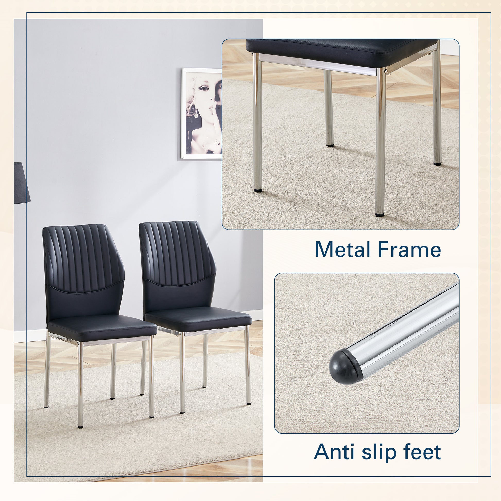 4-Piece Black & Silver Dining Chairs - Ergonomic Comfort, Modern Style