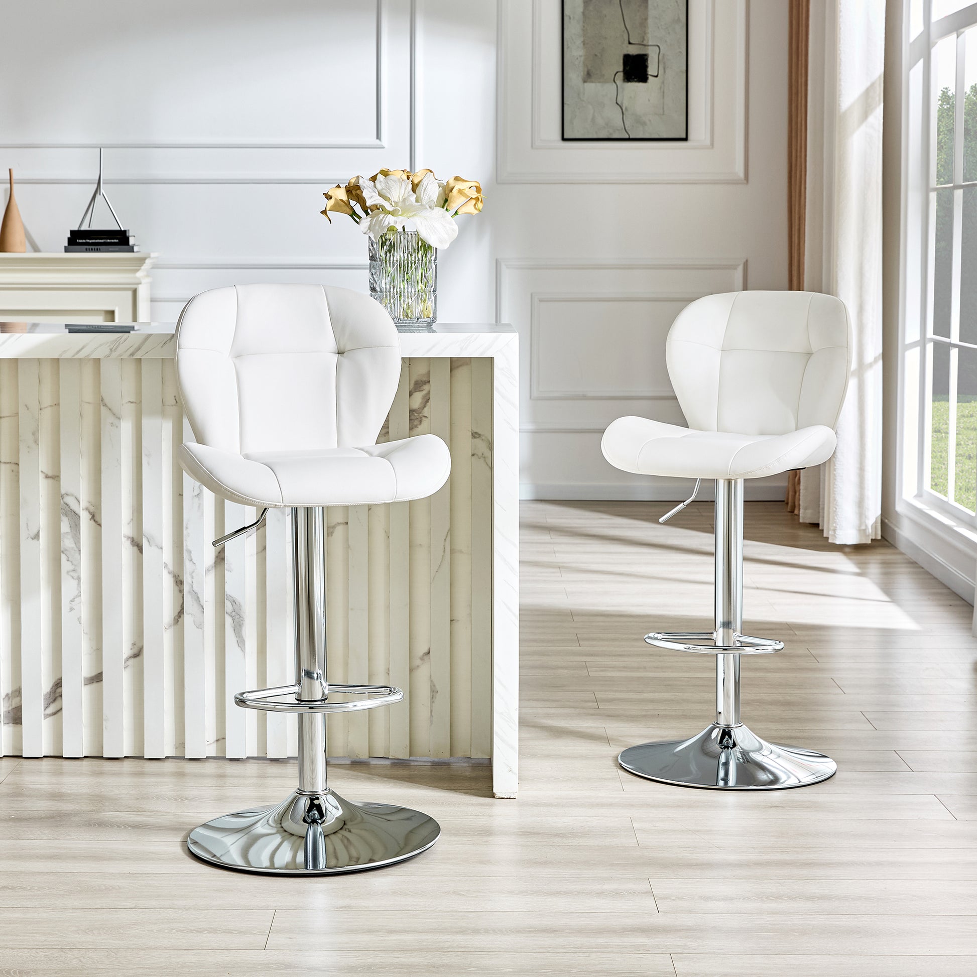 Set of 2 Height Adjustable Bar Stools, White PU - Kitchen Island Seating