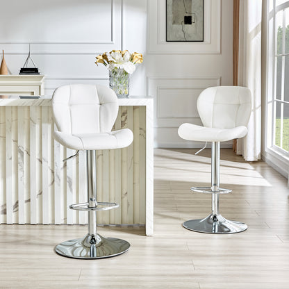 Set of 2 Height Adjustable Bar Stools, White PU - Kitchen Island Seating