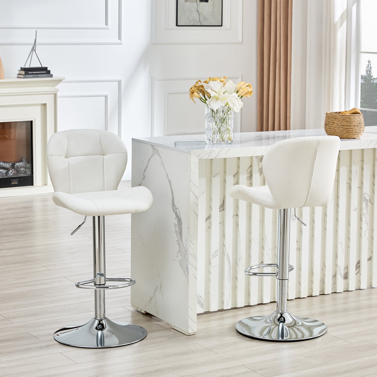 Set of 2 Height Adjustable Bar Stools, White PU - Kitchen Island Seating