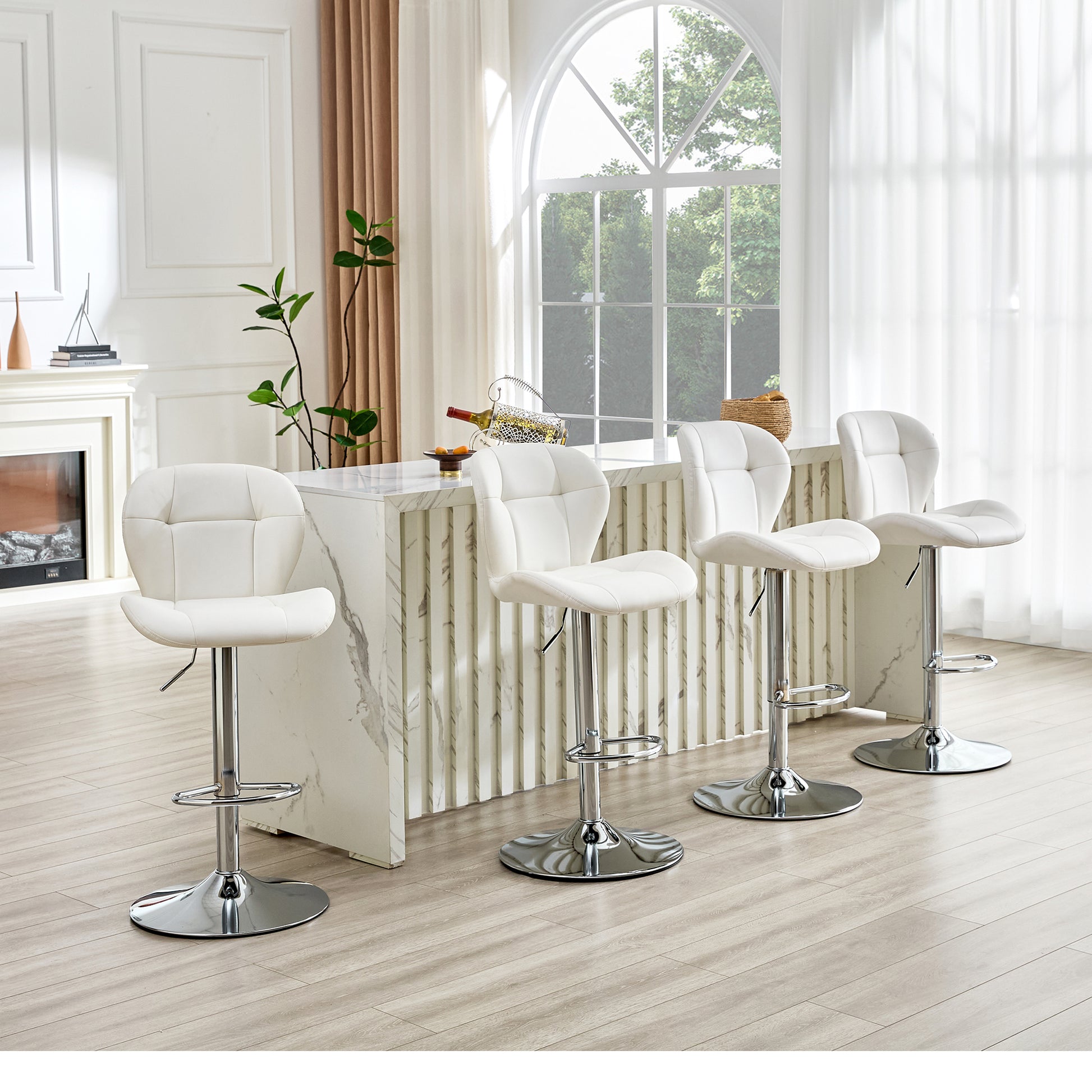 Set of 2 Height Adjustable Bar Stools, White PU - Kitchen Island Seating
